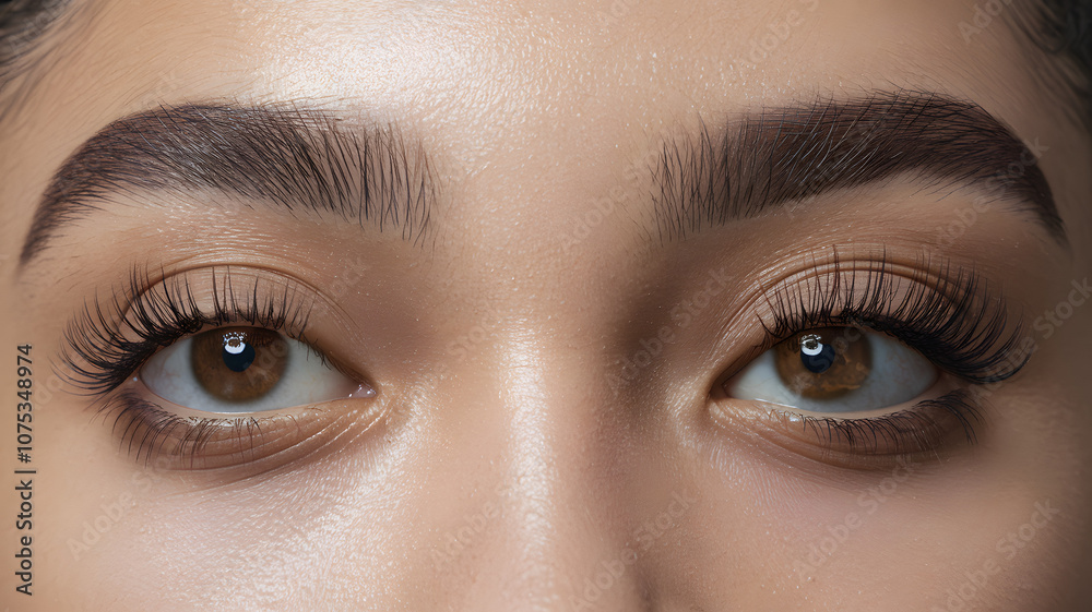 Fototapeta premium Close-up of a person's striking brown eyes showcasing beautifully groomed eyebrows and long lashes in a natural light setting