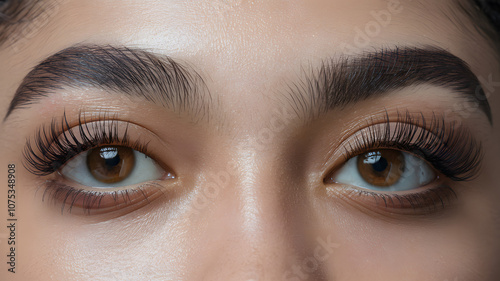 Close-up of a young woman's eyes highlighting beautifully defined eyelashes and natural brow shape against soft, neutral skin tone