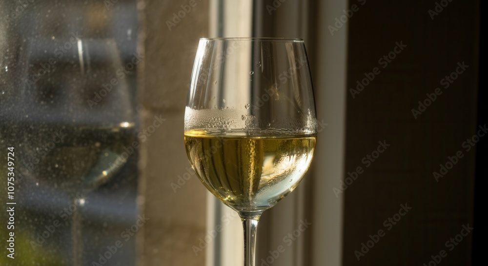 Sunlit white wine glass the window Sunlit white wine glass the window