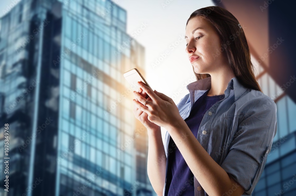 Photo of positive lady chatting modern device Photo of positive lady chatting modern device