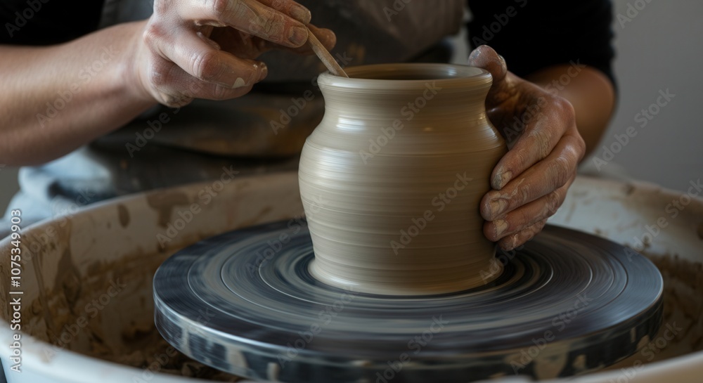 Artisan crafting pottery on spinning wheel in ceramic workshop Artisan crafting pottery on spinning wheel in ceramic workshop