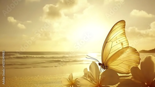 Golden Butterfly Landing on White Flower in Beach Sunset photo