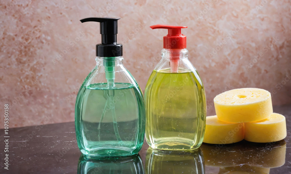 Two bottles of dish soap with a stack of yellow sponges on a black countertop Two bottles of dish soap with a stack of yellow sponges on a black countertop