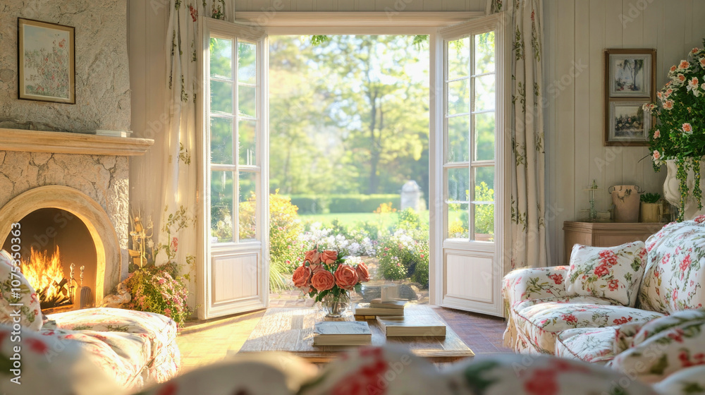 Charming Provence style living room with a stone fireplace and garden views through French windows Charming Provence style living room with a stone fireplace and garden views through French windows