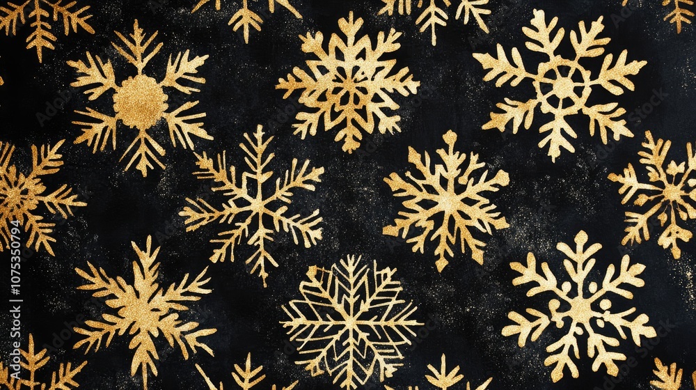 Golden snowflakes on black background, sophisticated holiday design Golden snowflakes on black background, sophisticated holiday design