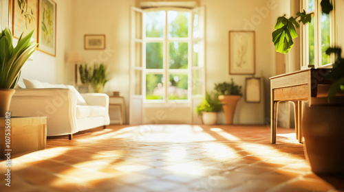 Bright Mediterranean living room featuring terracotta tiles and large sunlit windows
