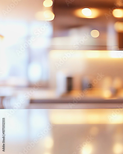 A blurred view of a modern hi-tech kitchen featuring stainless steel appliances and LED lighting