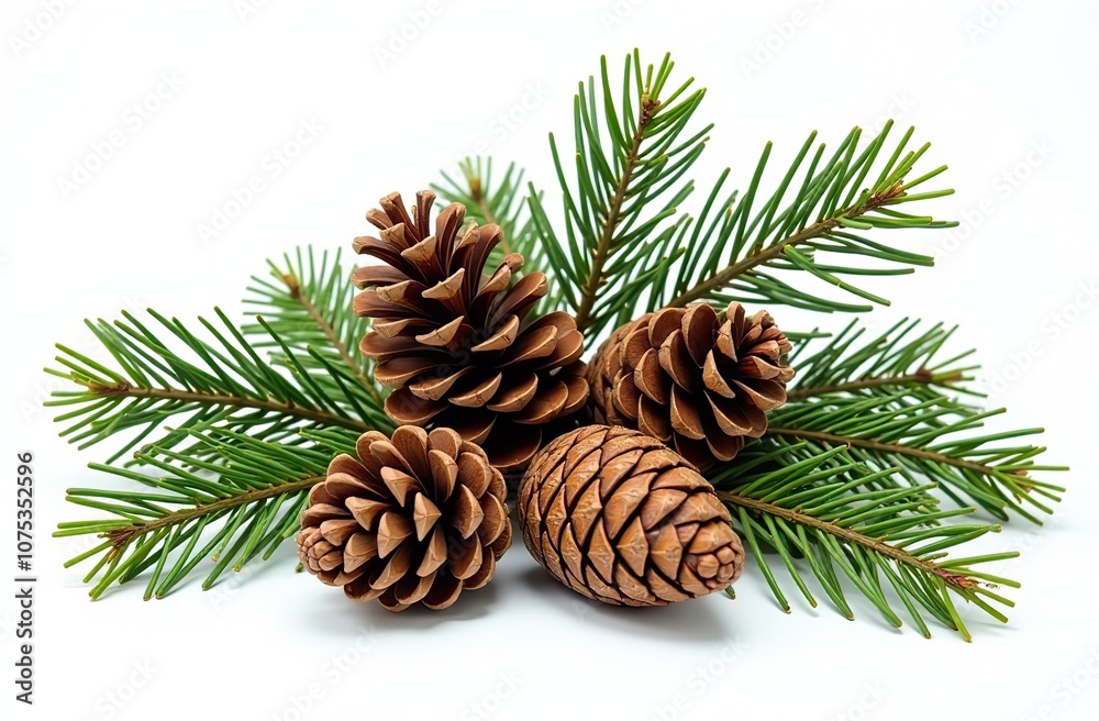 Pine cones and green pine branches arranged together, isolated on a white background. Pine cones and green pine branches arranged together, isolated on a white background.
