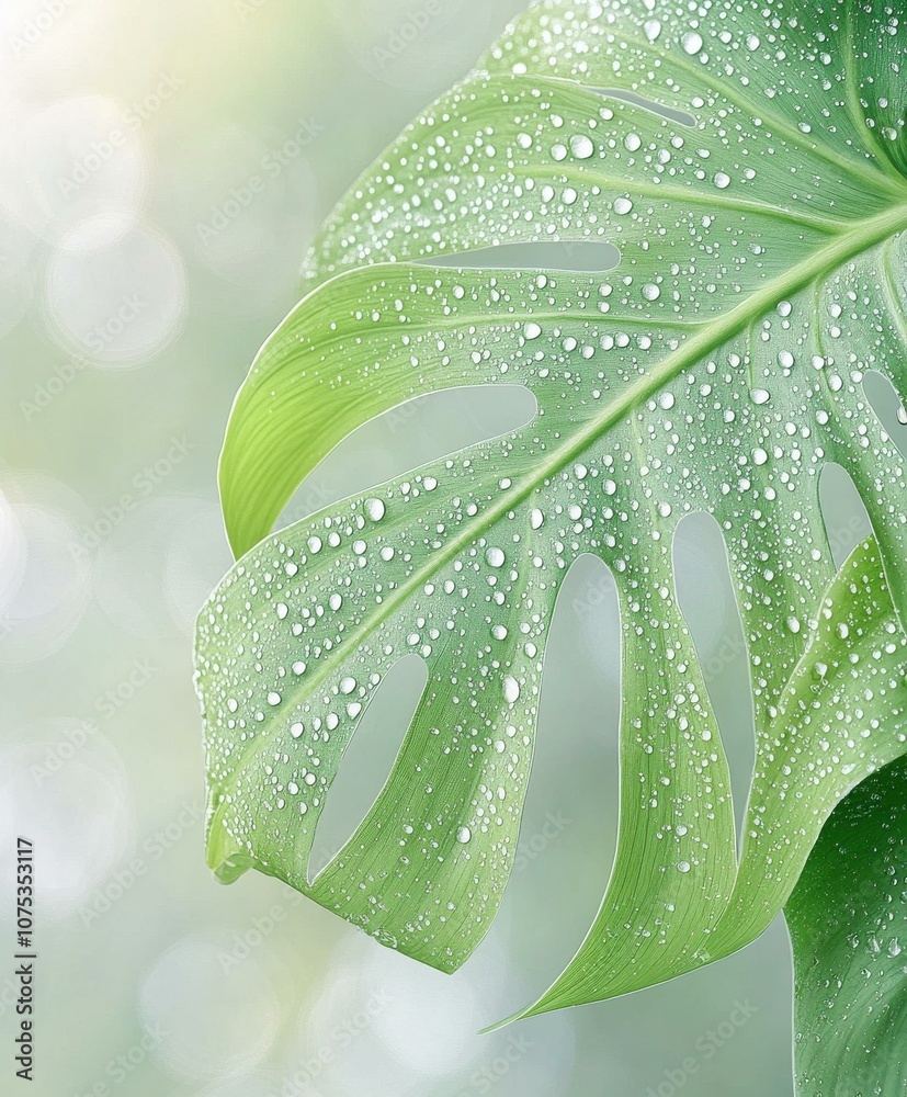 Obraz premium Refreshing Monstera Leaf with Water Droplets: A Natural and Serene Botanical Detail