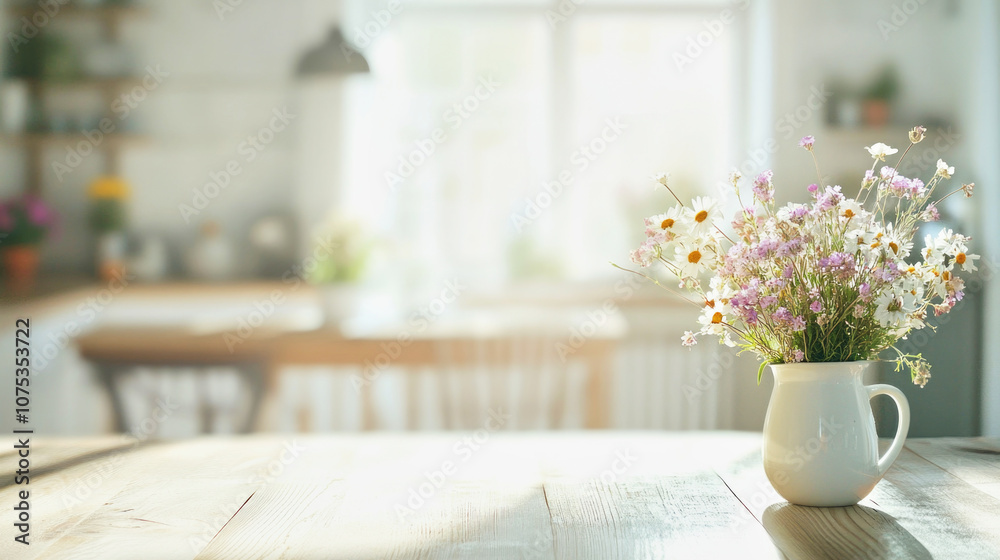 Wildflower bouquet in a bright Scandinavian kitchen with an airy, natural atmosphere Wildflower bouquet in a bright Scandinavian kitchen with an airy, natural atmosphere