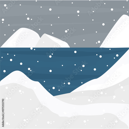 Antarctica background without people and animals. Ocean, mountains of ice, it's snowing. For design and concepts with your elements. Flat. Vector illustration.