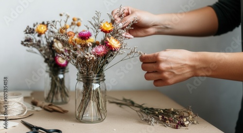 Arranging colorful dried flowers in clear glass vase photo