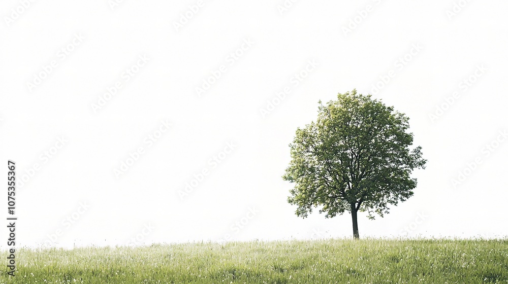 A solitary sycamore tree stands on a vibrant green meadow under a bright white sky, creating a serene and peaceful composition perfect for nature-focused themes. A solitary sycamore tree stands on a vibrant green meadow under a bright white sky, creating a serene and peaceful composition perfect for nature-focused themes.