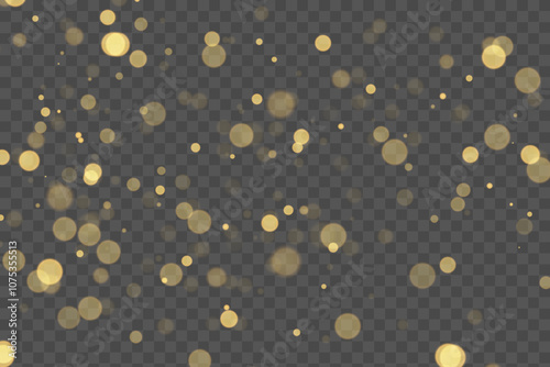 Sparkling golden particles, glowing bokeh lights isolated on dark transparent background photo