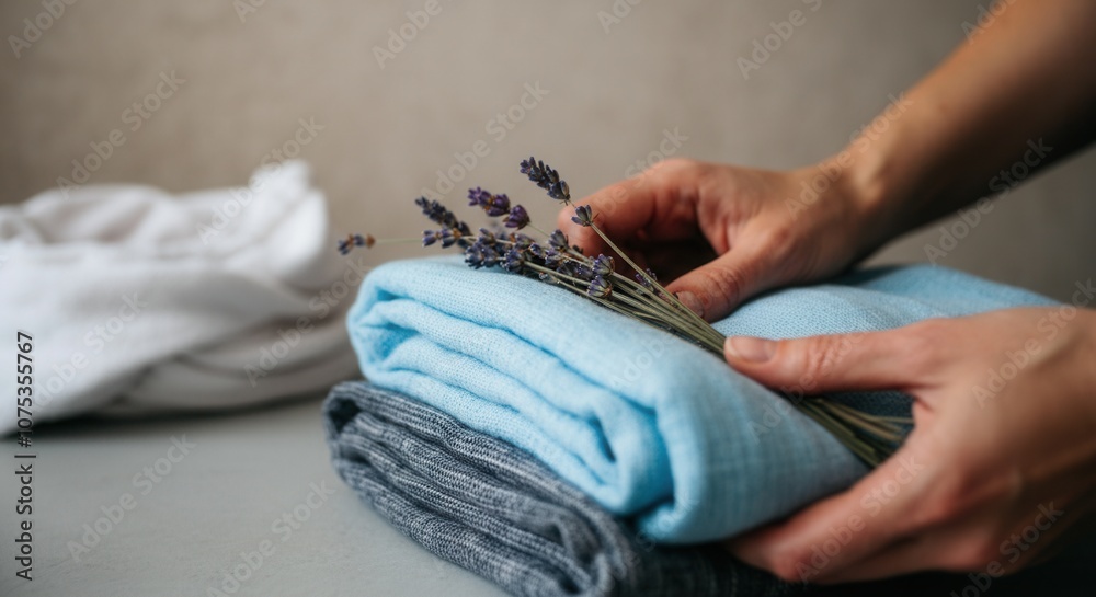 Fototapeta premium Lavender sprigs folded towels in serene spa setting