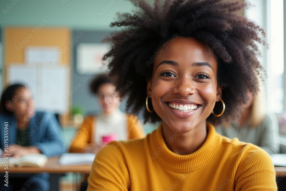 Smiling young woman in a classroom, with an afro hairstyle, perfect for educational or inspirational content. Smiling young woman in a classroom, with an afro hairstyle, perfect for educational or inspirational content.