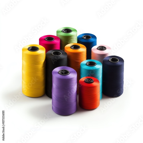 Colorful spools of thread arranged on a bright surface. photo