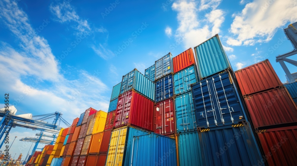 Fototapeta premium Vibrant cargo containers stacked at port with blue skies