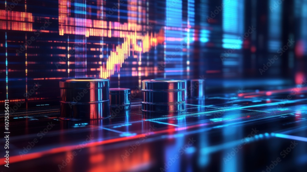 Rising oil prices concept with holographic graph and oil barrels for business strategy Rising oil prices concept with holographic graph and oil barrels for business strategy