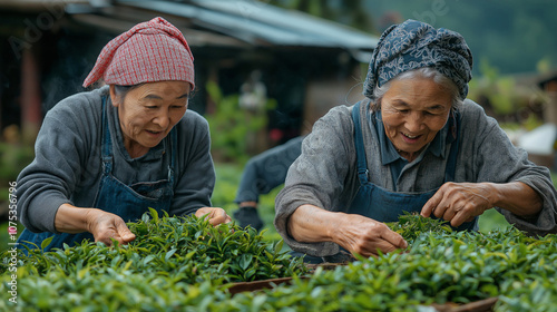 Wallpaper Mural Old women harvesting tender tea leaves in a lush, green field during the day at a serene rural location Torontodigital.ca