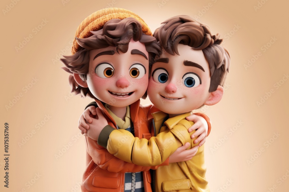 Two cartoon boys in jackets hugging each other. Two cartoon boys in jackets hugging each other.
