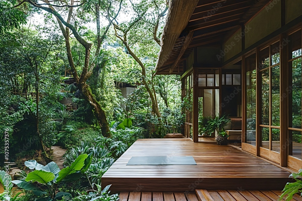 Fototapeta premium Luxurious jungle villa featuring a wooden terrace with a yoga mat, surrounded by lush tropical vegetation, offering a serene and private retreat for relaxation and wellness