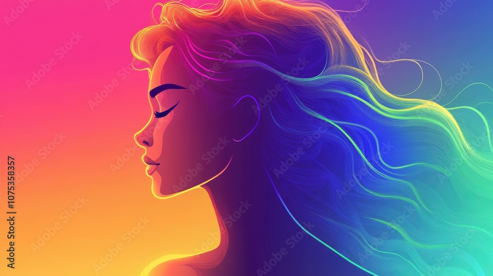 Line art illustration featuring a rainbow gradient depicting a cartoon woman Line art illustration featuring a rainbow gradient depicting a cartoon woman