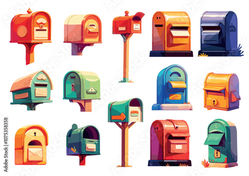 Cartoon mailboxes. Postal letterboxes post boxes for letters, sending mail correspondence set vector illustration