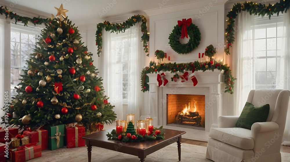 Cozy Traditional Christmas Living Room with Festive Decor and Fireplace, Christmas living room, holiday decor, Christmas tree, fireplace, Christmas decorations
