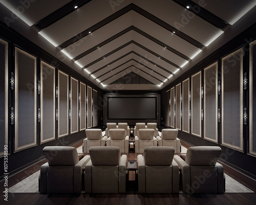 A 3d render of a luxurious, dark home theater room.