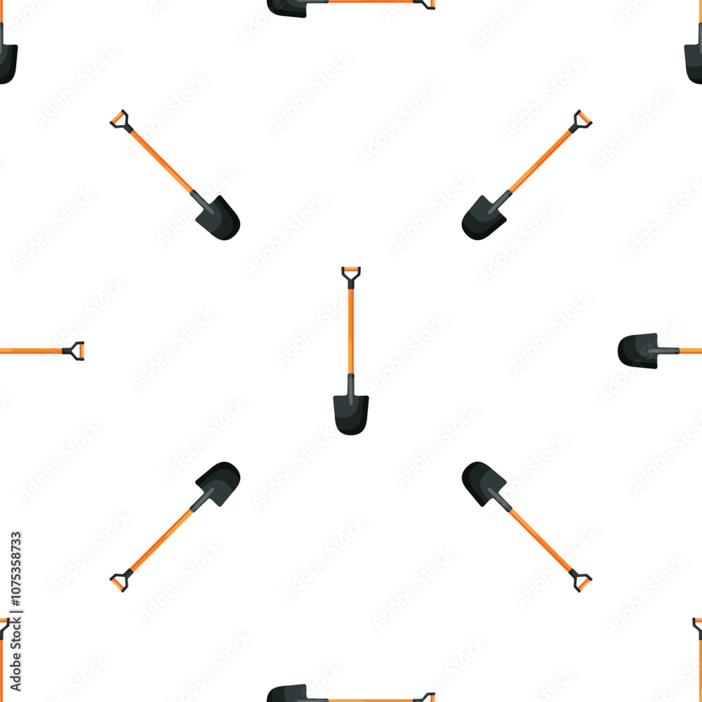Seamless pattern of garden shovel with wooden handle for digging on white background, gardening tool, vector illustration Seamless pattern of garden shovel with wooden handle for digging on white background, gardening tool, vector illustration