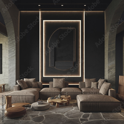 A 3D visualization of a Scandinavian dark-themed living room.