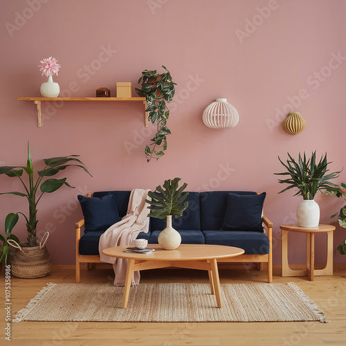A cozy Scandinavian living room with solid pink walls, warm wood flooring, soft lighting, stylish modern decor, plants, and 3D details for a peaceful vibe.