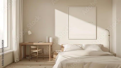 Beautiful Colored Mockup Bedroom Interior Blank Poster Decoration Art Background Image, generative AI