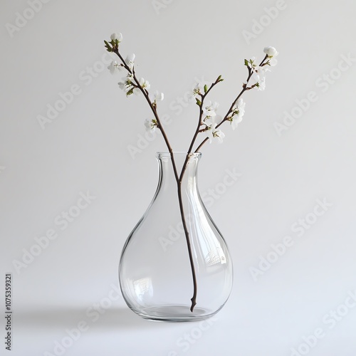 Elegant glass vase with delicate branches and white flowers, isolated on a white background.