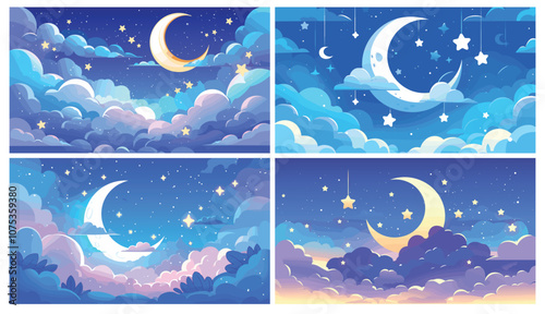 Cartoon night. Dark midnight sky landscape with stars clouds and moon crescent, background cloudscape decoration set vector illustration