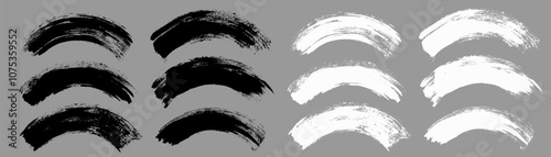Brush stroke vector. Painted curves, arc lines, isolated. Grunge curvy backgrounds. Textured design elements. Black and white brush options