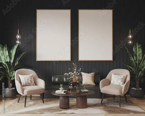 Modern chic, dark-themed lounge with vertical blank poster frames on the wall.