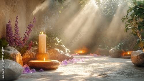 A Burning Candle and Purple Crystals in a Mystical Setting