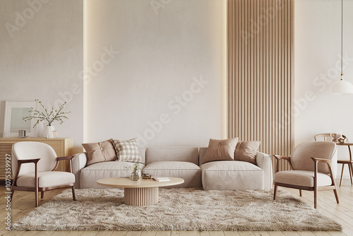Modern Scandinavian living room with a light wall accent and natural wood accents.
