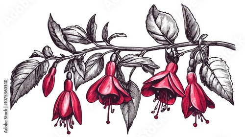 Line art illustration of red Fuchsia Serratifolia flowers blooming in summer with branches reaching six to eight feet tall and bent leaves vintage drawing or engraving style photo