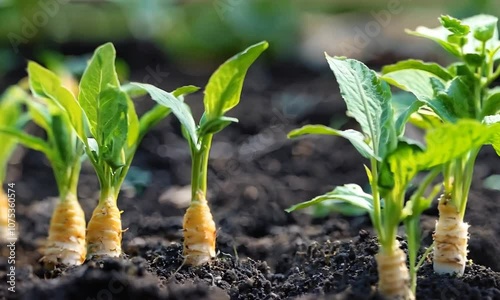 Turmeric roots in the soil in a garden