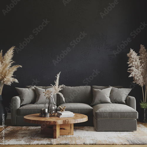 Sophisticated Scandinavian living room with a dark feature plain wall, a modern wooden coffee table, decorative plants, and soft textures.