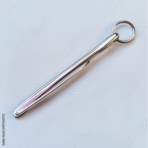 Metal crochet hook with a circular handle on a white background.