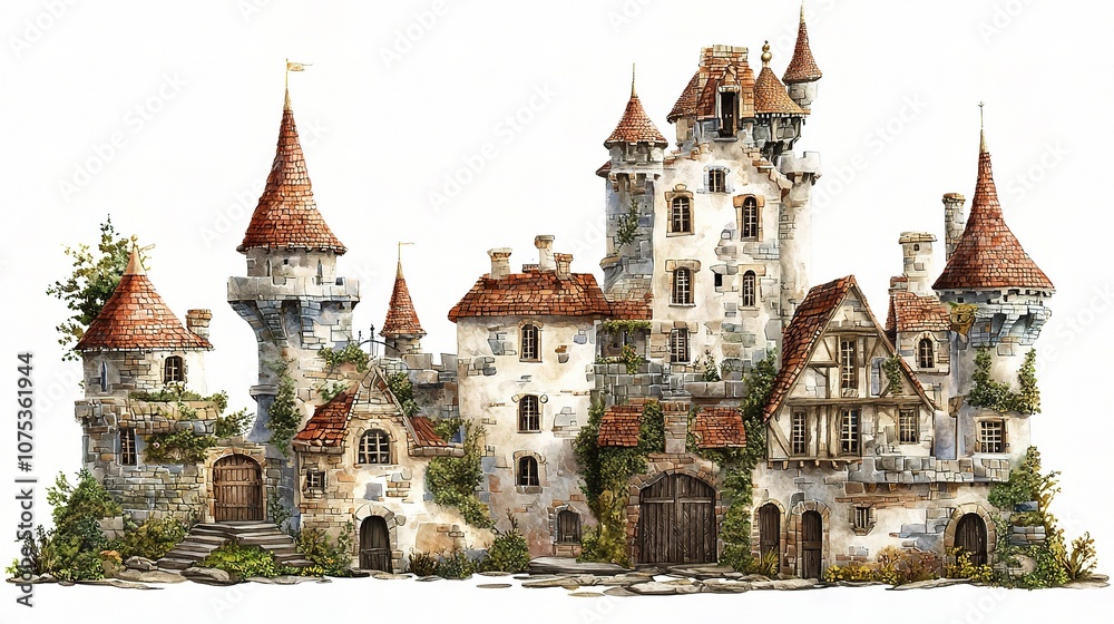 Obraz premium Whimsical Fairy Tale Castle Illustration Surrounded by Lush Greenery, Invoking a Sense of Enchantment and Imagination Perfect for Fantasy-Themed Projects