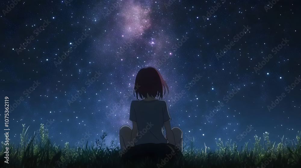 Anime girl stargazing. Cute girl looking at the night sky and watch the ...
