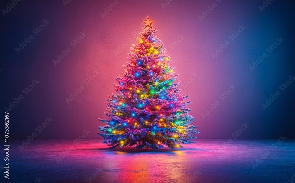 a shiny Christmas tree with colorful lights against purple neon background. Season greetings concept. Copy space a shiny Christmas tree with colorful lights against purple neon background. Season greetings concept. Copy space