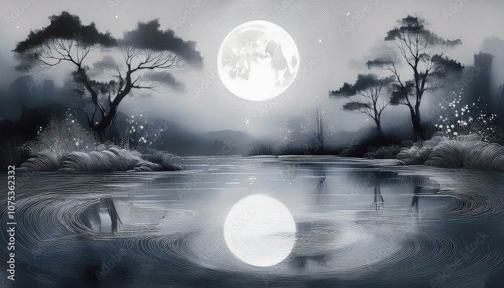 Fototapeta premium 연못의 물결에 반사되는 달빛 동양화