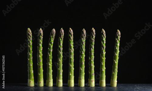 A row of ten fresh asparagus spears stand tall against a black background photo