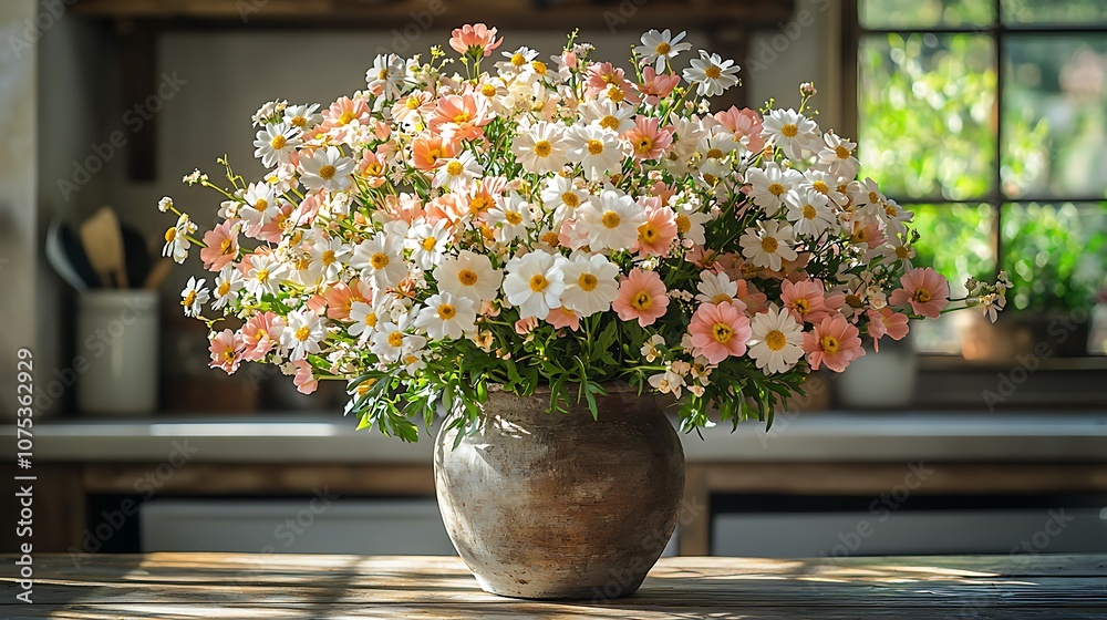 A large bouquet of pink and white flowers in a rustic vase on a wooden table, with sunbeams casting shadows on the table and the background.